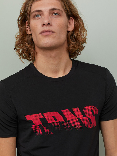 

H&M Men Black Printed Short-Sleeved Sports T-Shirt