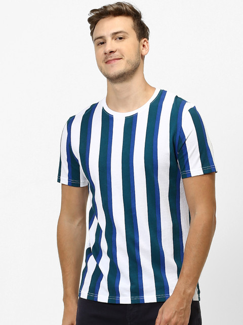 

Celio Men Teal Blue & White Striped Round Neck T-shirt