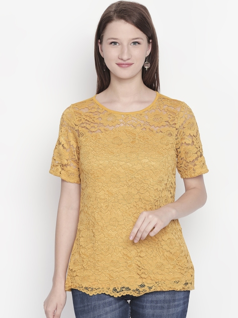 

109F Women Yellow Self Design Lace A-Line Top