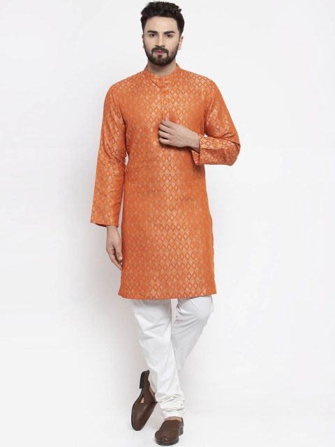NEUDIS Men Orange Self Design Kurta with Churidar