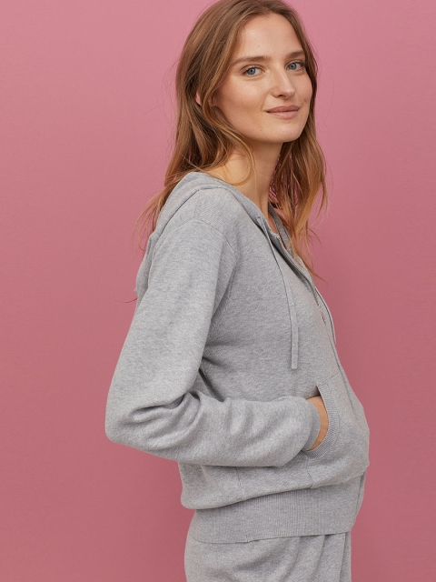 

H&M Women Grey Fine-Knit Hooded Jacket
