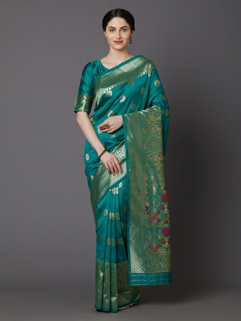

Mitera Teal Green Silk Blend Woven Design Banarasi Saree
