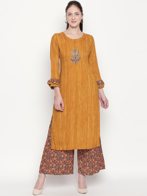 

ZRI Women Mustard Yellow & Black Printed Kurti with Palazzos