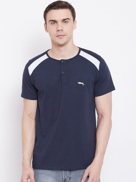 

JUMP USA Men Navy Blue Colourblocked Henley Neck T-shirt