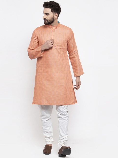 

NEUDIS Men Peach-Coloured & White Woven Design Kurta with Churidar