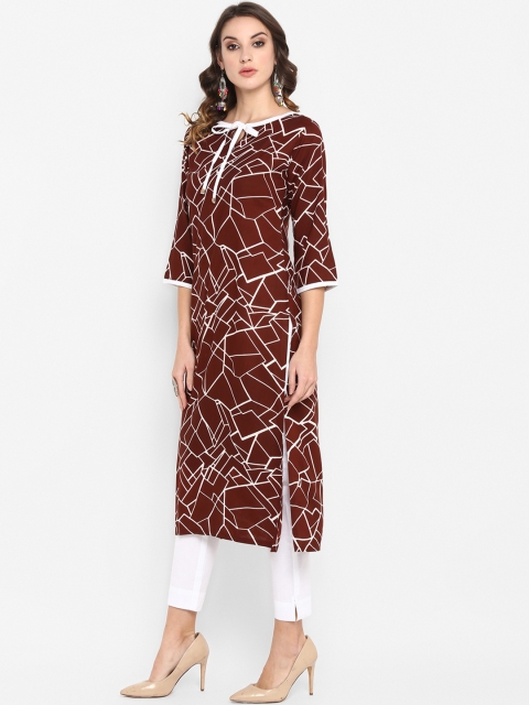 

Janasya Women Brown Printed Straight Kurta