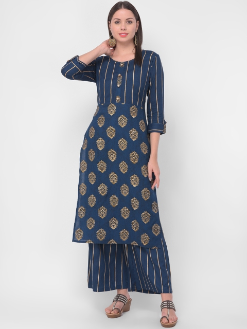 

aayusika Women Blue & Yellow Printed Kurta with Palazzos