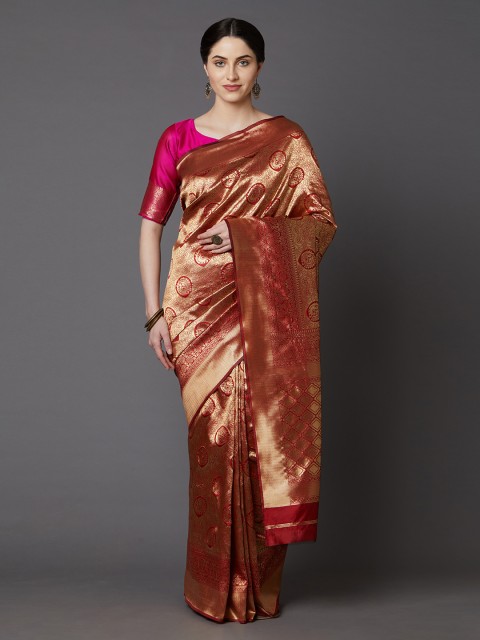 

Mitera Maroon & Gold-Toned Silk Blend Woven Design Banarasi Saree