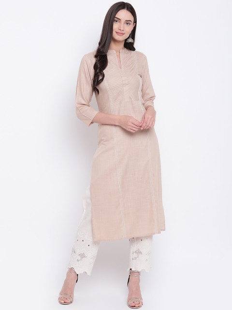 

Be Indi Women Beige & White Solid Straight Kurta