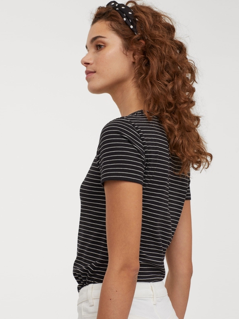 

H&M Women Black & White Striped Jersey Top