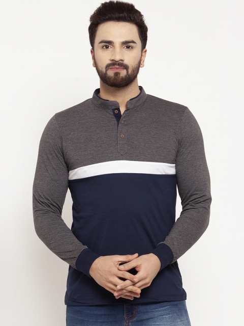 

Kalt Men Navy Blue Colourblocked Mandarin Collar T-shirt
