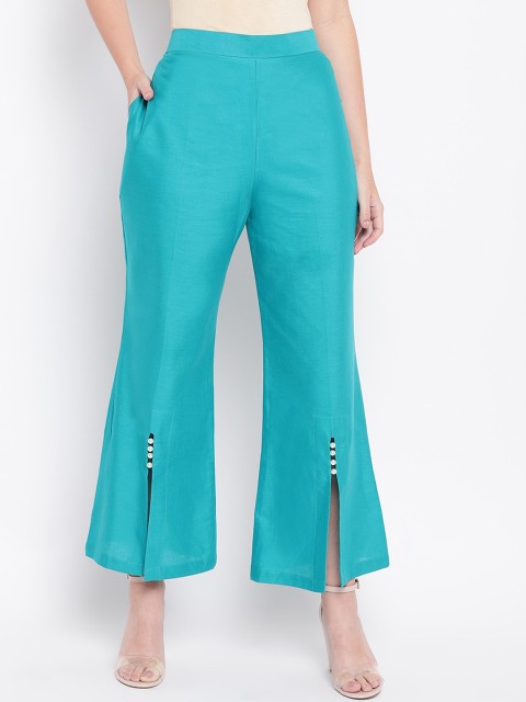 

RIVI Women Turquoise Blue Solid Straight Linen Palazzos