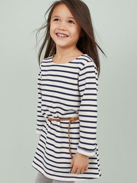 

H&M Girls White & Navy Blue Striped Sweatshirt Dress with a Belt