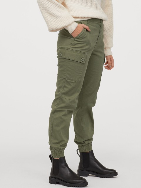 

H&M Women Olive Green Solid Cotton Cargo Trousers