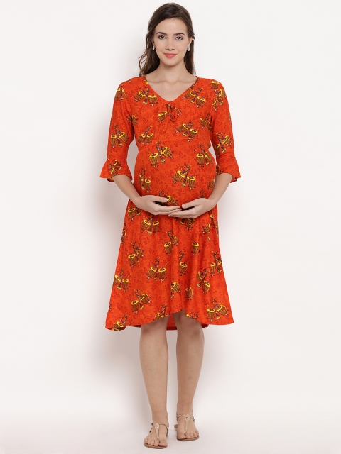 

Mine4Nine Women Maternity Orange Printed Blouson Dress