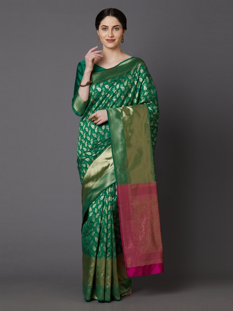

Mitera Green & Gold-Coloured Silk Blend Woven Design Banarasi Saree