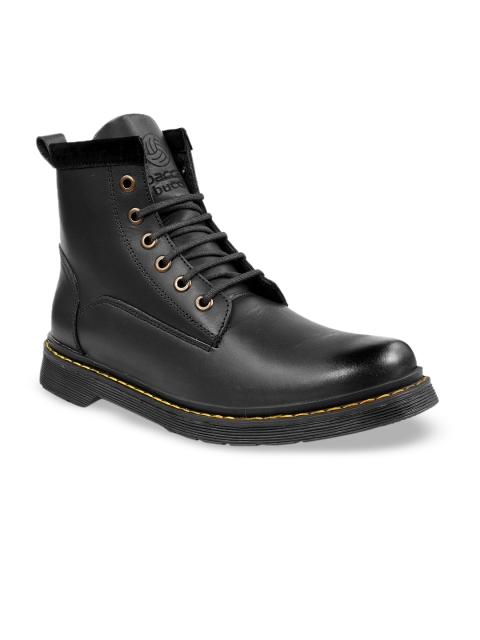 

bacca bucci Men Black Solid Leather Mid-Top Flat Boots