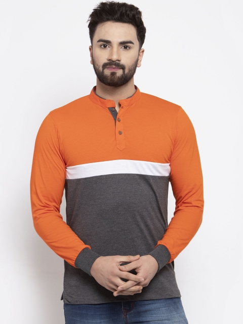 

Kalt Men Grey Colourblocked Mandarin Collar T-shirt