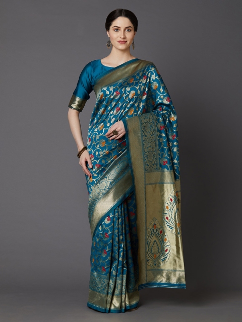 

Mitera Teal Blue & Gold-Coloured Silk Blend Woven Design Banarasi Saree