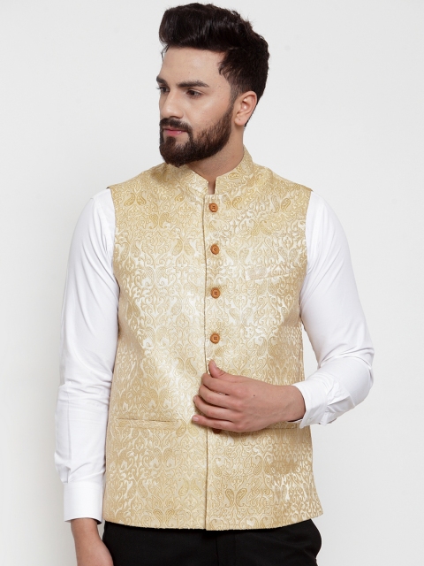 

NEUDIS Men Beige Woven Design Brocade Dupion Silk Nehru Jacket