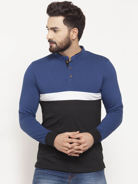 

Kalt Men Blue & Black Colourblocked Mandarin Collar T-shirt