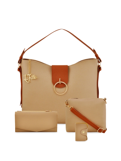 

LaFille Women Set of 4 Beige & Brown Solid Shoulder Handbag With Wallet & Card Holder