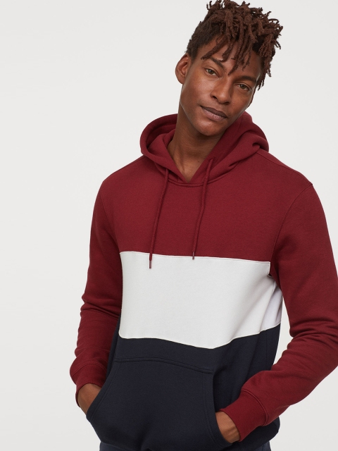 

H&M Men Red & White Block-Coloured Hooded Top