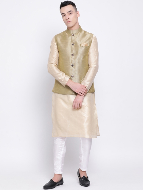 

DEVOILER Men Gold-Coloured & White Solid Kurta with Pyjamas & Nehru Jacket