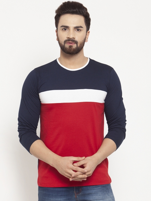 

Kalt Men Red & Navy Blue Colourblocked Round Neck T-shirt