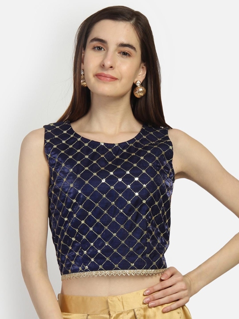 

studio rasa Women Silk Block Embroidered Embellished Crop Top, Navy blue
