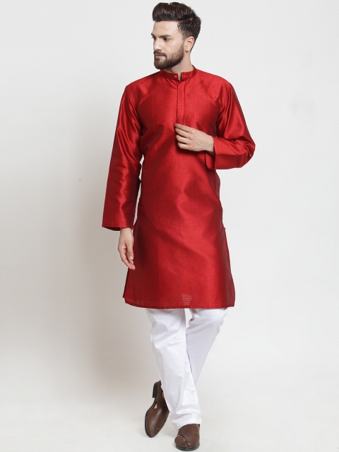 

NEUDIS Men Red & White Jacquard Woven Design Kurta with Pyjamas