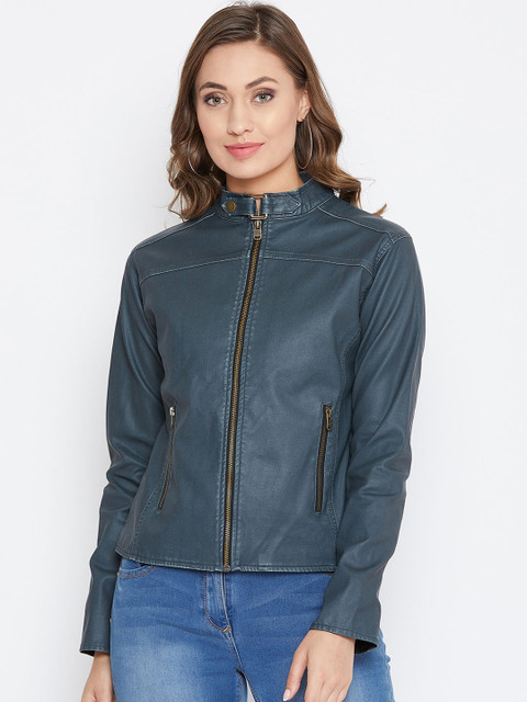 

JUMP USA Women Teal Green Solid Leather Jacket