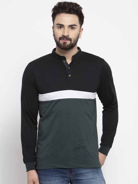 

Kalt Men Green & Black Colourblocked Mandarin Collar T-shirt