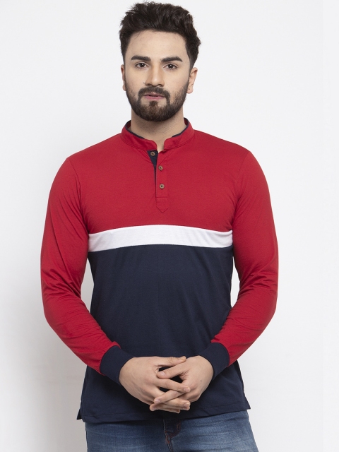 

Kalt Men Navy Blue Colourblocked Mandarin Collar T-shirt