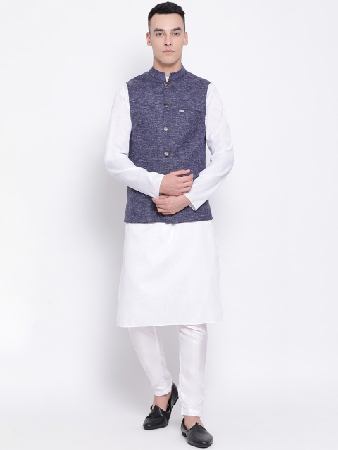 

DEVOILER Men Blue & White Solid Kurta with Pyjamas & Nehru Jacket