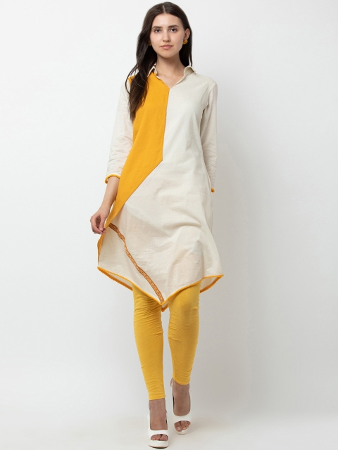 

DODO & MOA Women Off-White & Mustard Yellow Colourblocked A-Line Kurta