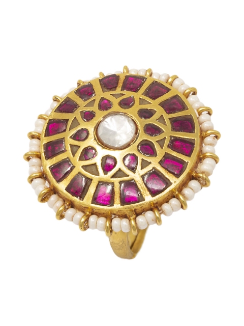 

Unniyarcha Jewellery Pure 92.5 Gold-Plated Red Stone-Studded Silver Adjustable Ring