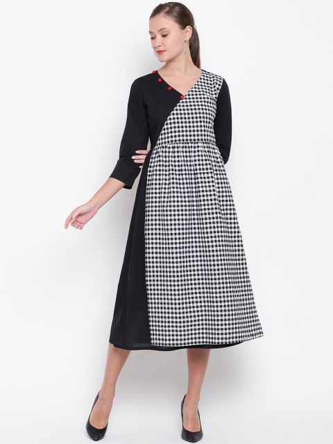 

FABNEST Women Black Checked Fit and Flare Dress