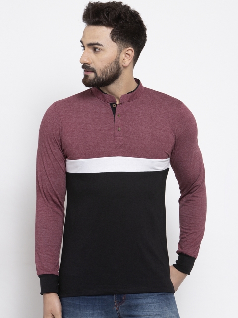 

Kalt Men Mauve & Black Colourblocked Mandarin Collar T-shirt