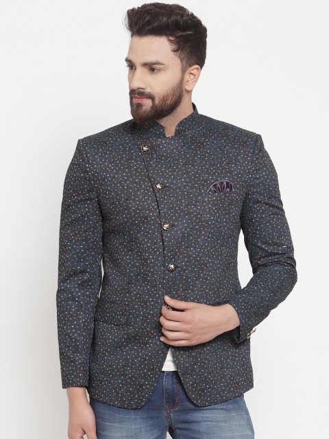 

KLOTTHE Men Grey Printed Slim-Fit Bandhgala Party Blazer