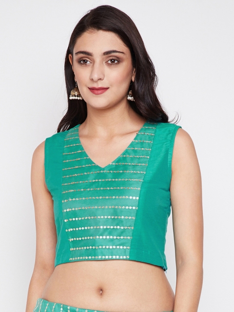 

studio rasa Women Net Sequins Embroidered Panelled Crop Top, Green
