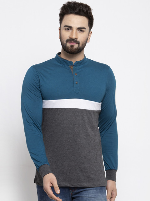 

Kalt Men Teal Blue & Grey Colourblocked Mandarin Collar T-shirt