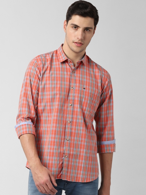 

Peter England Casuals Men Orange & Turquoise Blue Slim Fit Checked Casual Shirt