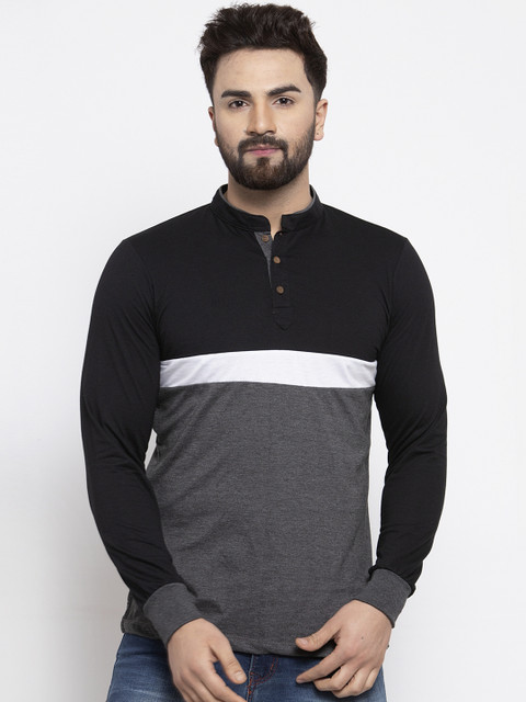 

Kalt Men Grey Colourblocked Mandarin Collar T-shirt