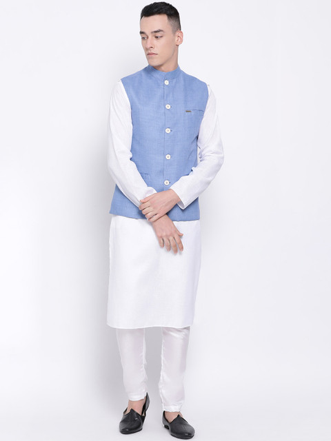

DEVOILER Men Blue & White Solid Kurta with Pyjamas & Nehru Jacket