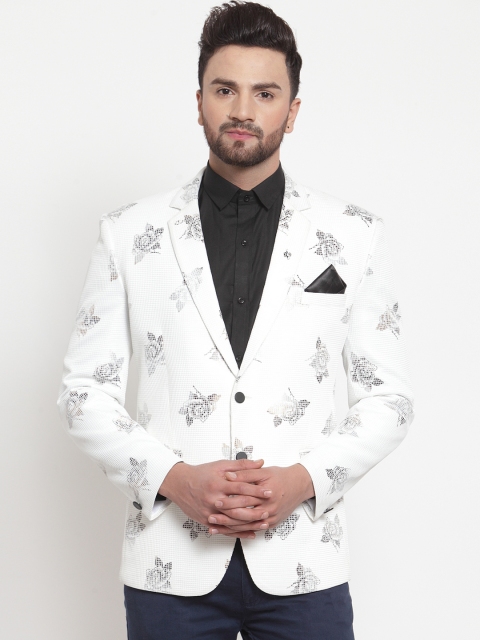 

LUXURAZI Men White & Black Printed Single-Breasted Party Blazer