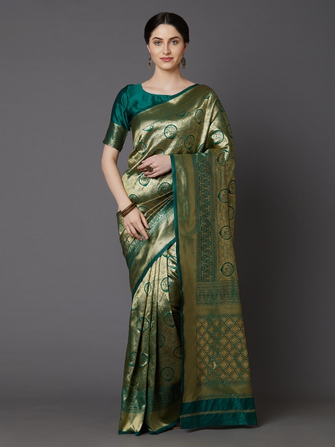 

Mitera Green & Gold-Toned Silk Blend Woven Design Banarasi Saree