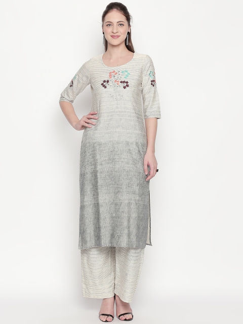 

ZRI Women Cream-Coloured & Grey Striped Kurta with Palazzos