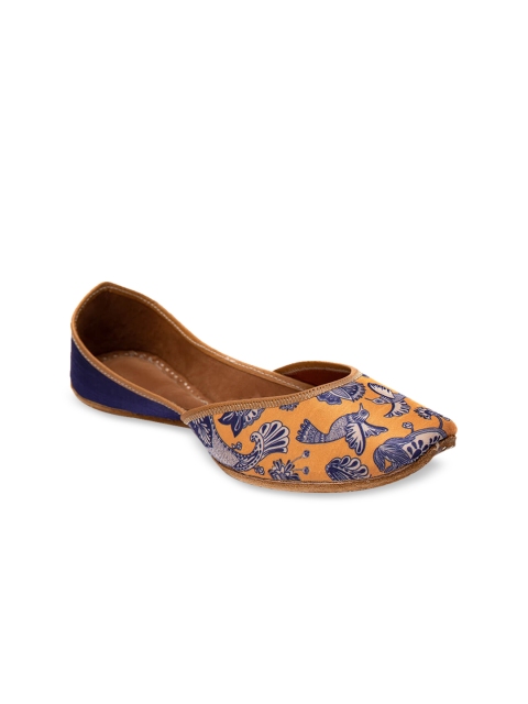 

Jivaana Women Yellow & Blue Printed Leather Mojaris