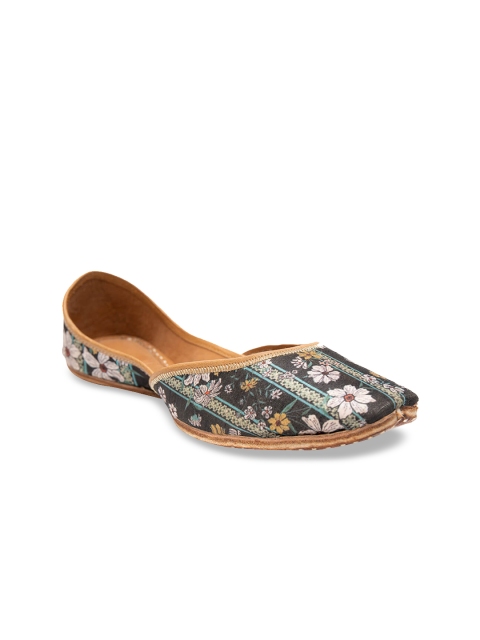 

Jivaana Women Black Printed Mia Midnight Bloom Leather Mojaris